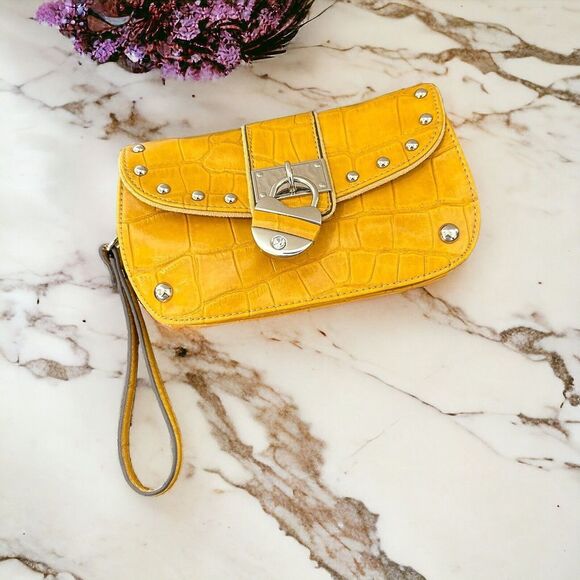 Kathy Van Zeeland Handbags - kathy van zeeland purse Wristlet And Crossbody Strap Yellow Faux Croc Bag Lock